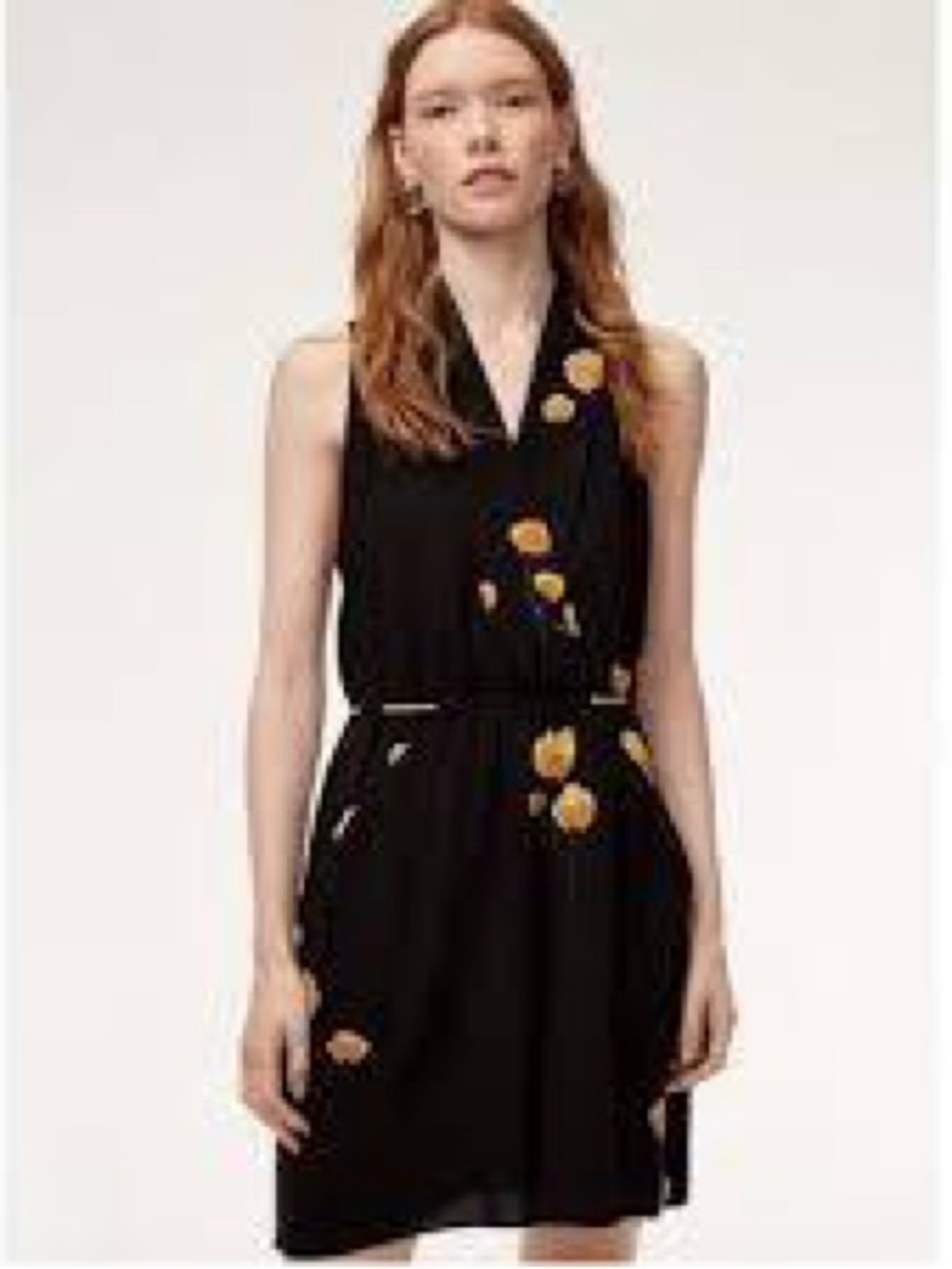 Wilfred Black Sleeveless V-Neck Dress with Yellow Floral Detail